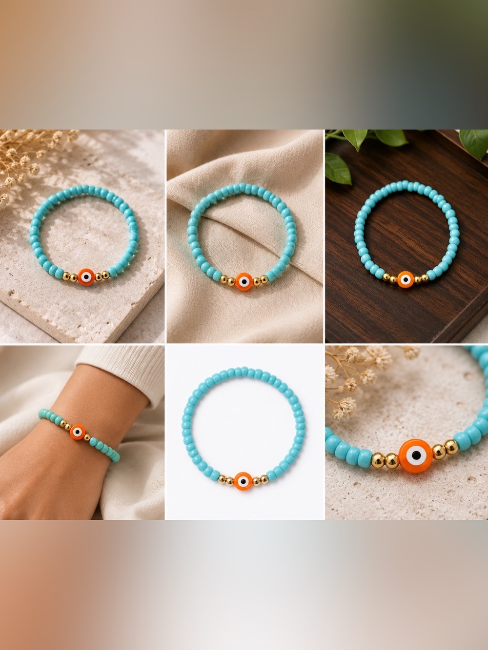 Turquoise Beaded Bracelet with Orange Evil Eye Accent #40